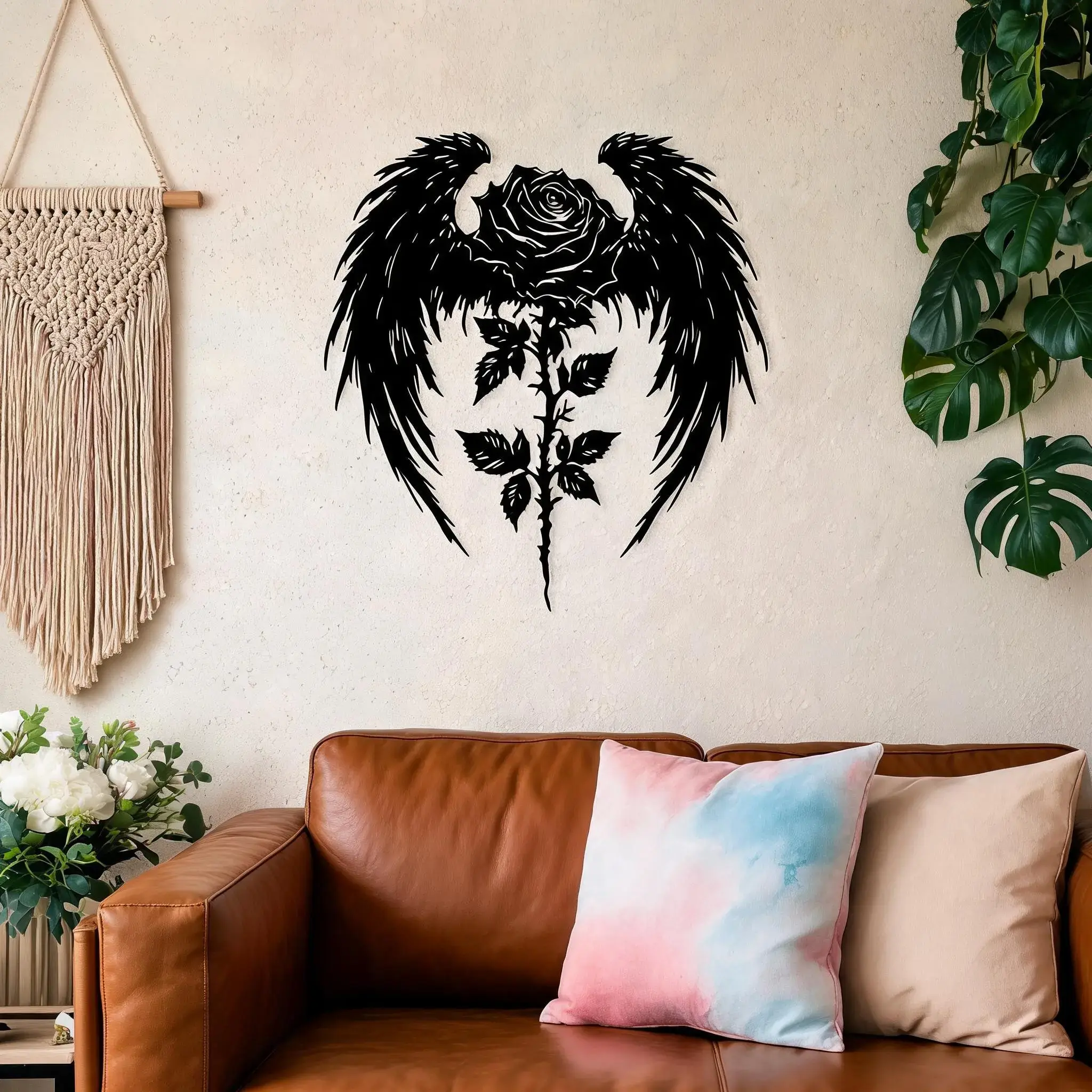 Gothic Rose Metal Wall Decor, Wings & Eyes, Rust-Resistant Iron Art, Vintage Style, Aesthetic Wall Decor, Bedroom, Halloween, Christmas Gift, Artistic, Decorative Artwork, Unique Artwork, Decoration, Ornaments, Room Decorations