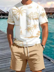 Men 2 Piece Tropical Palm Tree Sailboat Print Crew Neck Short Sleeve T-Shirt & Drawstring Shorts Matching Set, Summer Beach Vacation Casual Outfit
