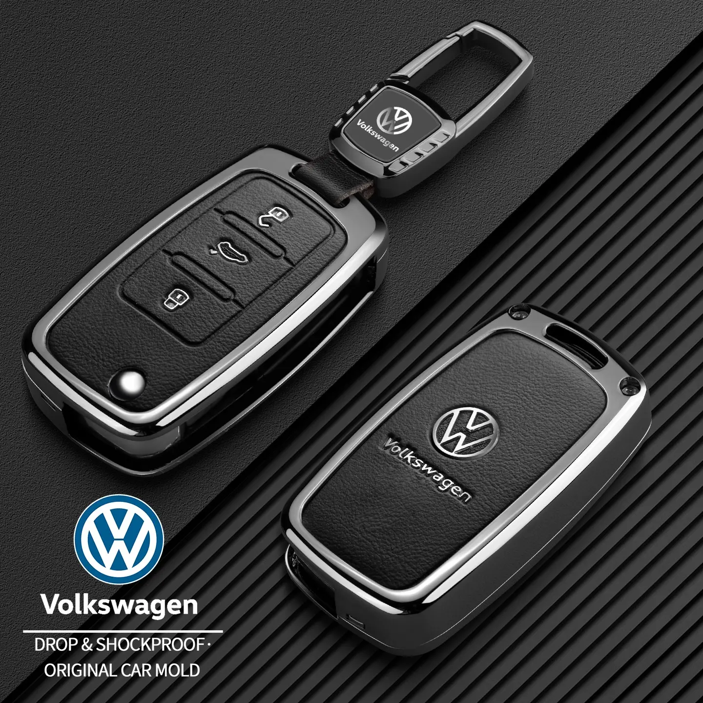 Volkswagen Car Key Cover for Golf Passat Polo Tiguan Jetta Touran Caddy, Leather Metal Remote Control Protector, Key Ring Case, Car Key Accessories