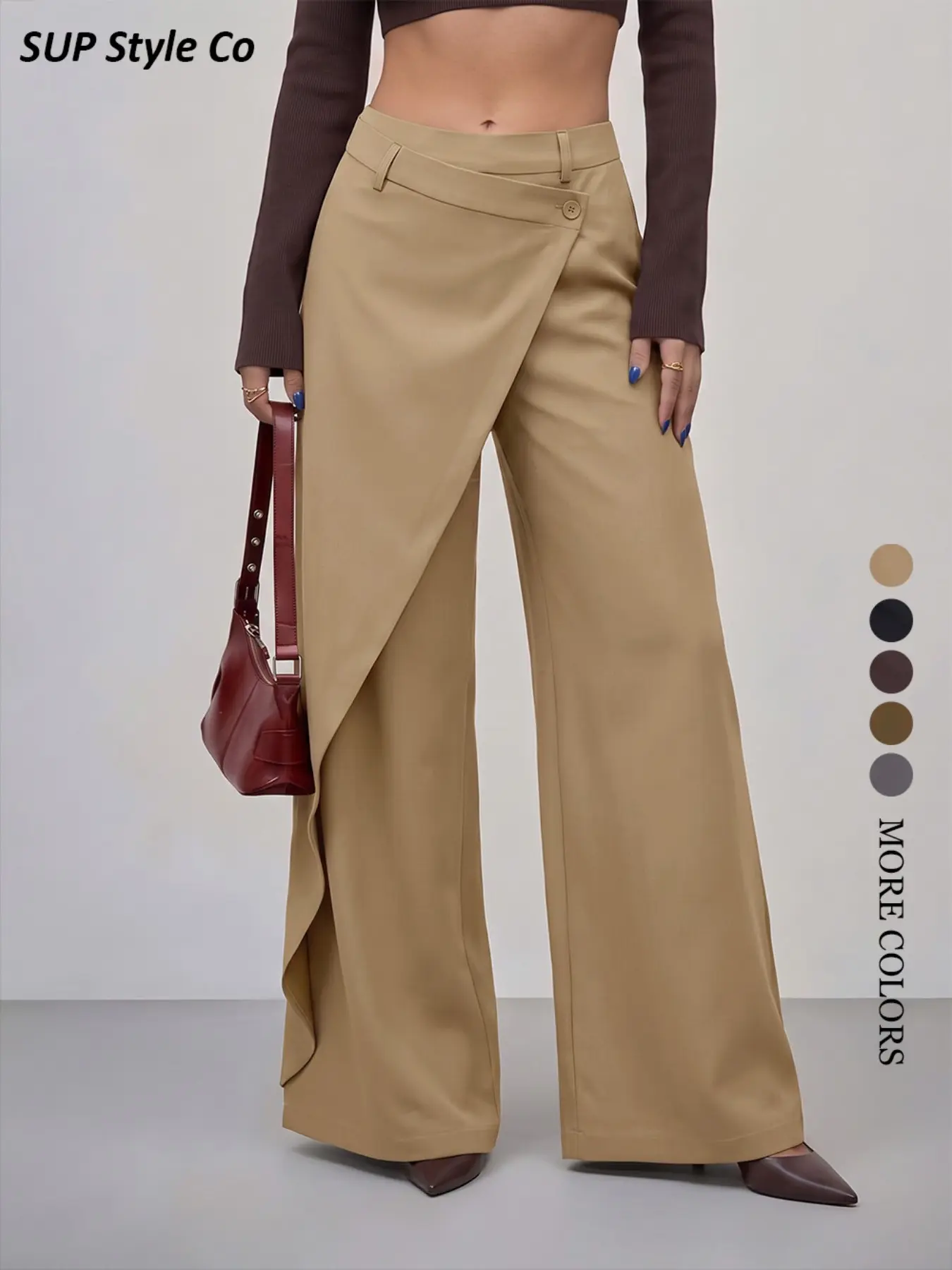 Women's Irregular Asymmetrical High-Waisted Wide-Leg Pants, All-Season Casual Style, Perfect for Commute and Unique Fashion, Trendy and Slimming