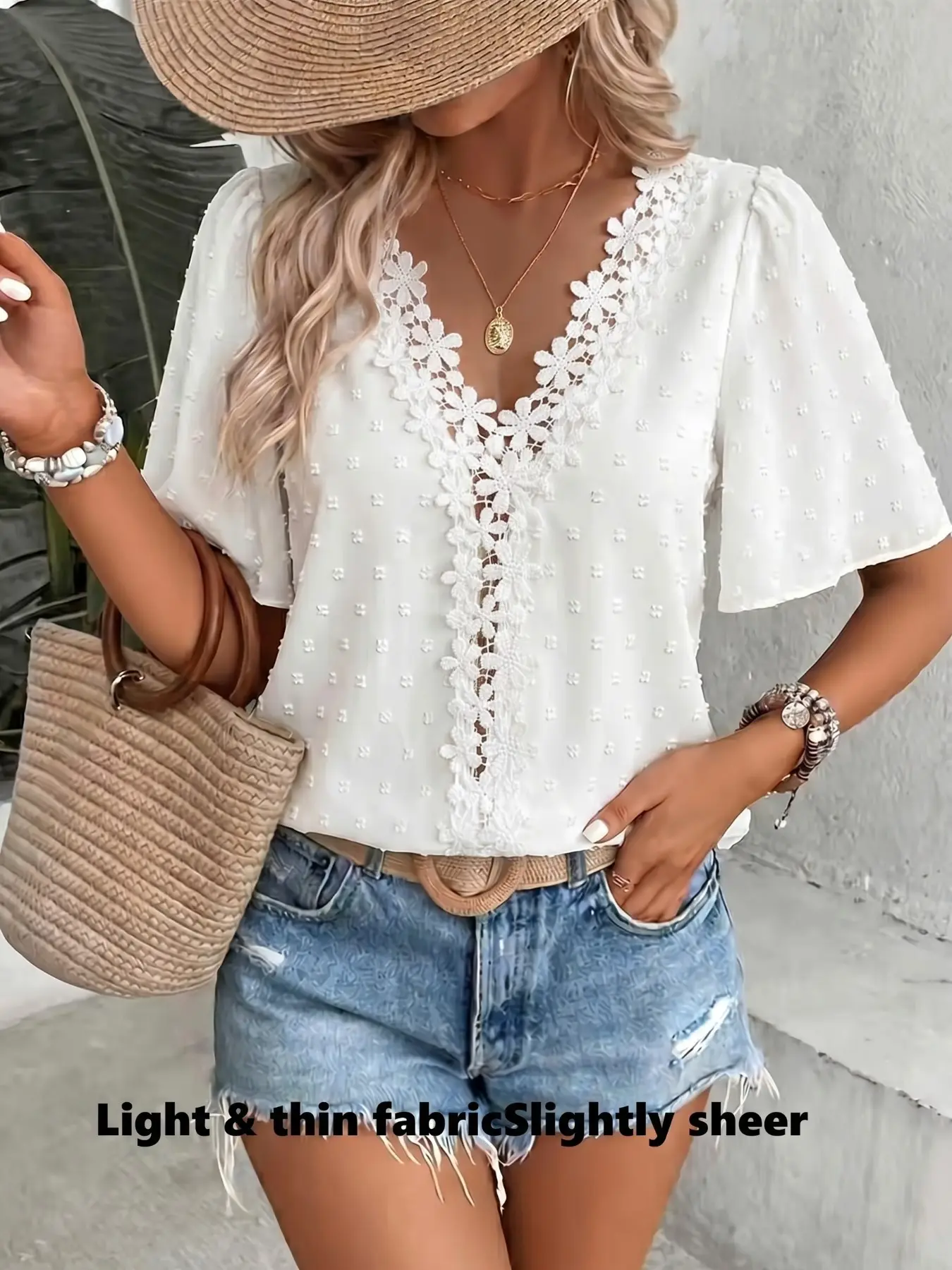 Women's Summer Lace Lightweight Butterfly Sleeve Shirt, Feminine Elegant Ruffle Short Sleeve Blouse Top, Blouses Shirts Tops, Casual Office Wear, Perfect for Dates and Parties