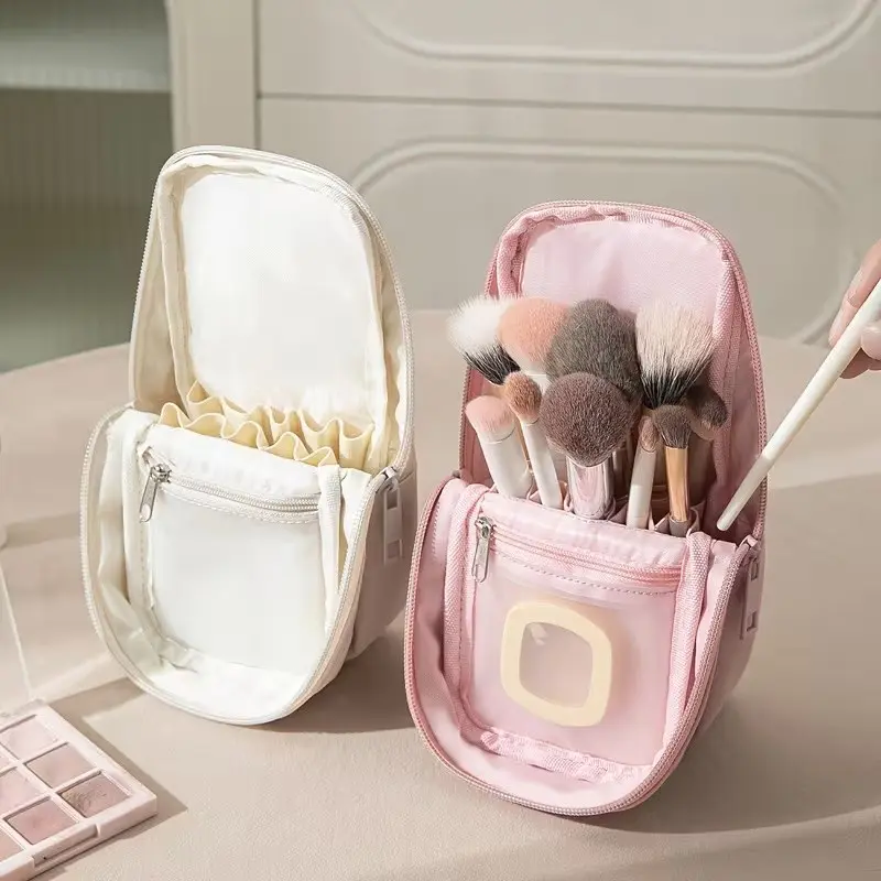 Portable PU Makeup Bag, Travel Eyebrow Pencil Organizer, Compact Brush Holder, Fits Eyeliner, Brushes, Lipstick, Ideal for Trips, Cosmetic Bags
