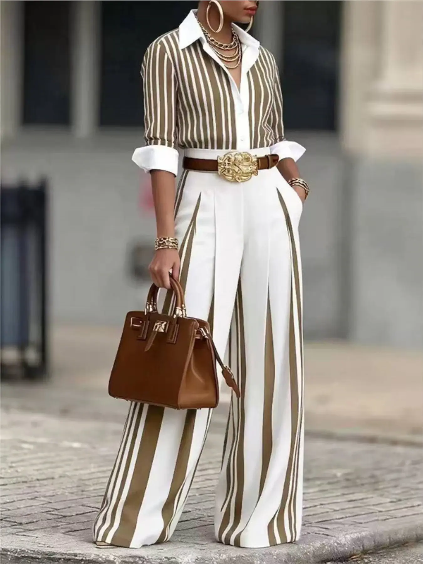 Women’s 2 Piece Striped, Button Down Shirt & Wide Leg Pants, Casual Matching Set, Long Sleeve, Office Work Chic