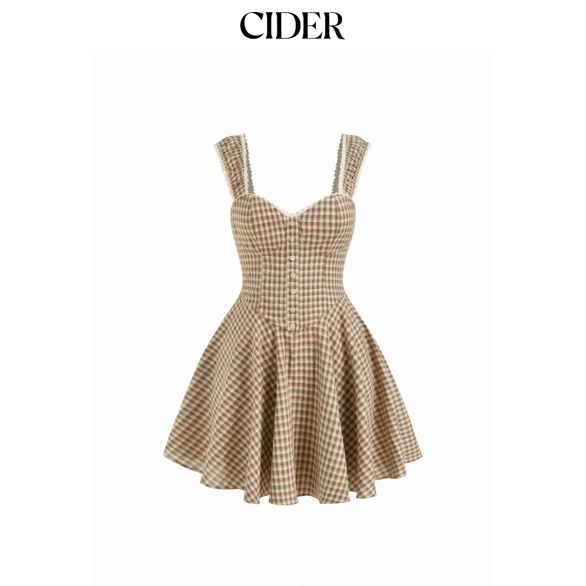 Cider Cotton-blend Gingham Sweetheart Neck Lace Panel Mini Dress Summer Casual Wear SummerFinds