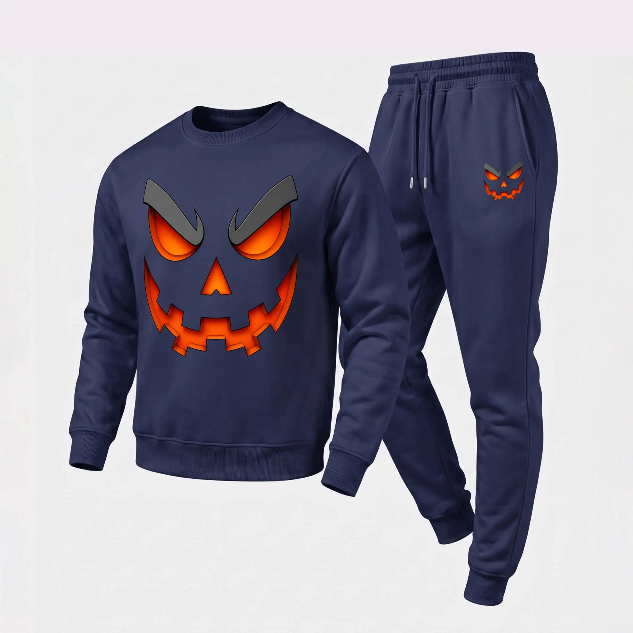 Men's Halloween Pumpkin Face Graphic Crewneck Sweatshirt and Jogger Pants Set, Casual Long Sleeve Pullover with Drawstring Sweatpants, Fall Winter Tracksuit for Daily Wear, Travel, Lounge, Workout and Indoor Outdoor Activities