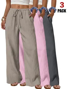 2026 French Bohemian Crinkled Palazzo Wide Leg Pants, Summer Drawstring High Waist Loose Trousers, Flowy Resort Casual Pants with Side Pockets