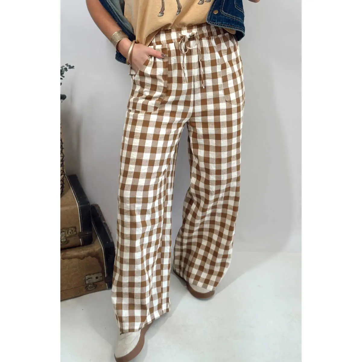 Women's Casual Plaid Pants in 100% Cotton, High-Waist Relaxed Fit Comfy Trousers with Elastic Tie Waist, Casual Comfy Trousers, Bottoms, Full-Length