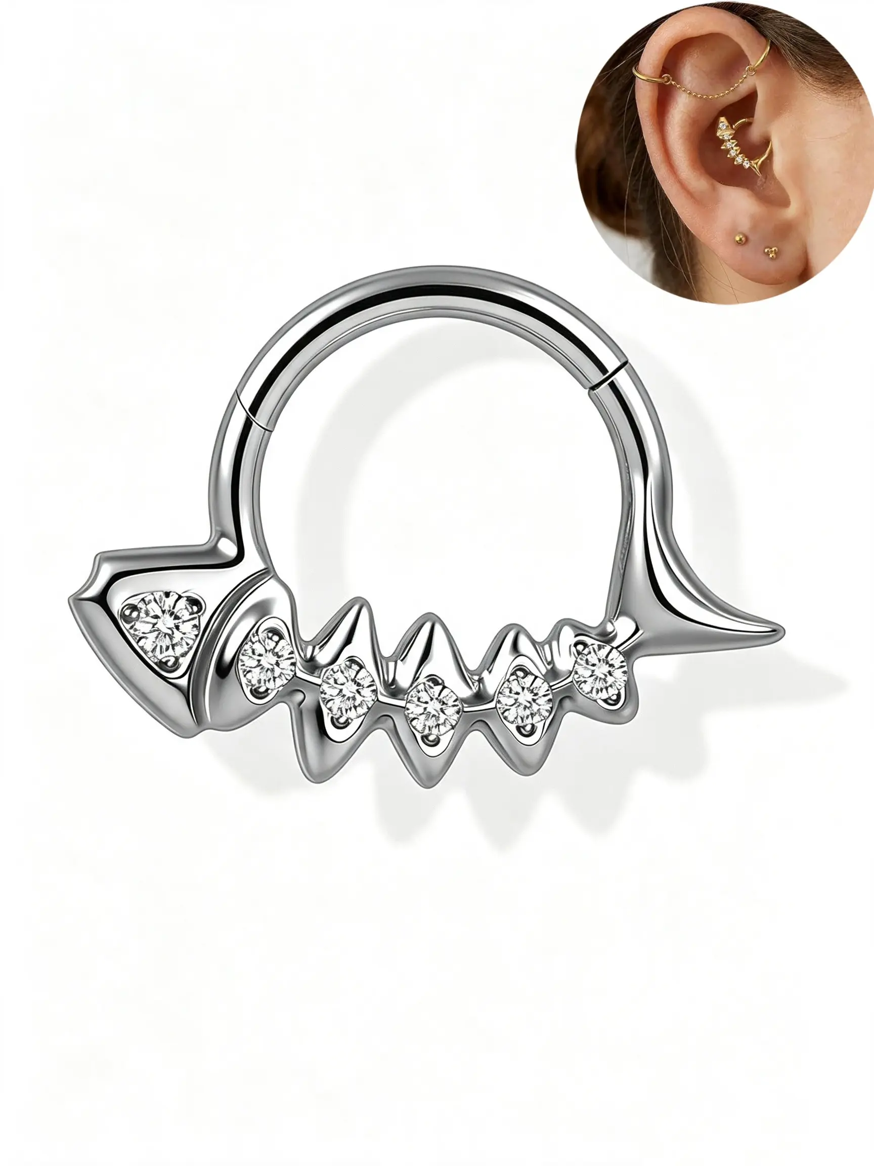 Titanium Alloy Fishbone Cz Daith Earrings, 8mm/10mm, Casual Style, All Seasons, Ocean Gothic Y2K Fashion, Unisex Jewelry