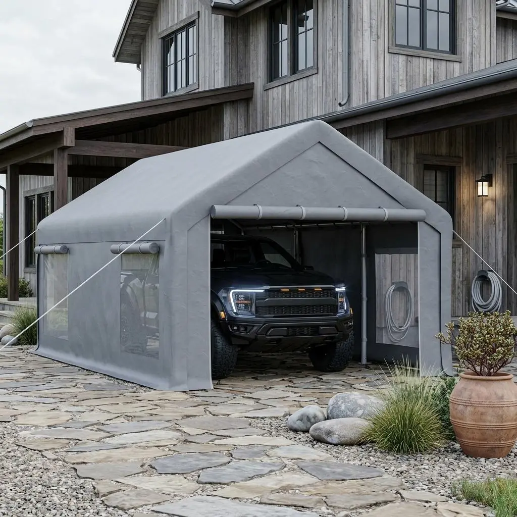 Heavy Duty 12x20 ft (240 sq. ft.) Portable Carport Garage Canopy Cover, 200g PE Water Resistant Canopy, 2 Roll-Up Doors, 4 Windows, Enhanced Stability & Safety, Multi-Purpose Outdoor Shelter for Cars, Events