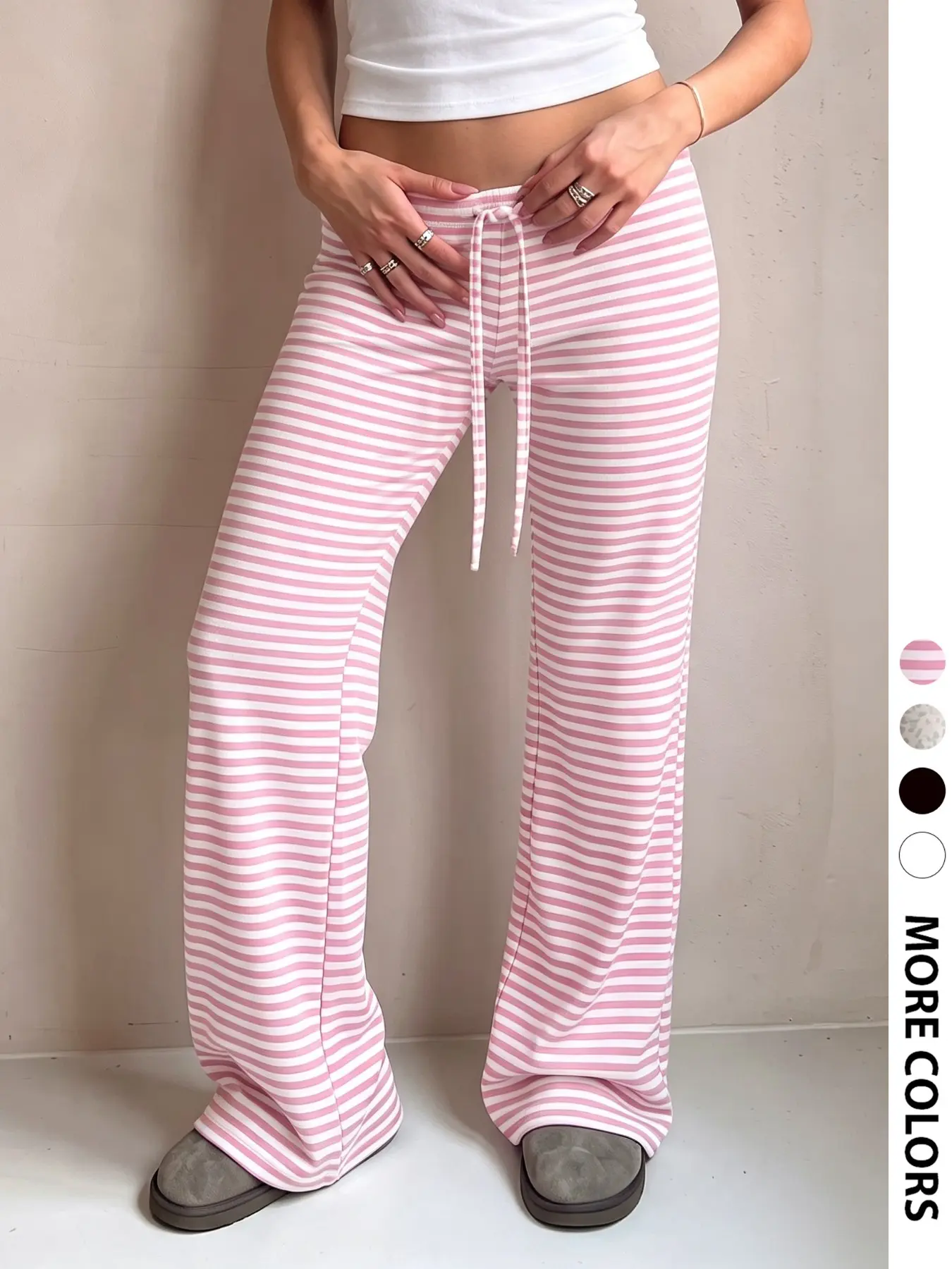 Women Y2K Coquette Retro 90s Striped Drawstring Elastic Waist Wide‑Leg Pants Low‑Rise Soft Stretchy Casual Loungewear Swanny Pants Sweatpants Vintage Trousers for Autumn Outfits Women