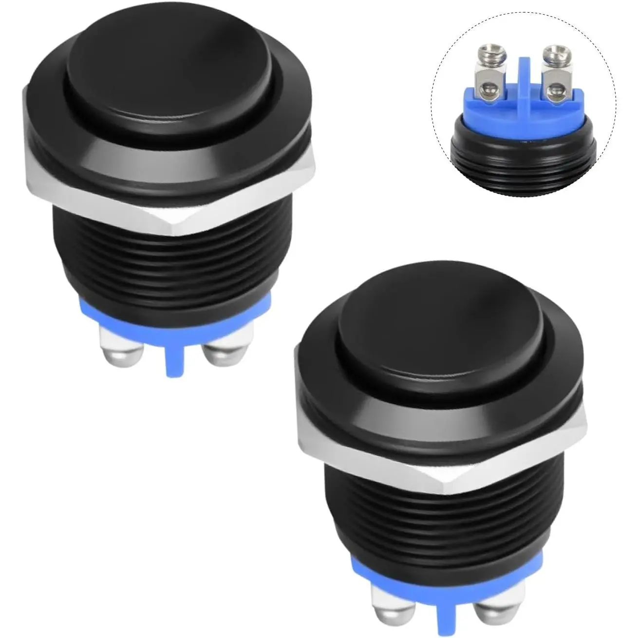 Nilight 2-Pack 16mm Round Momentary On/Off Push Button Switch - 12V Waterproof Black Metal, Flame Retardant 2-Pin Screw Terminals, 3A/250VAC Starter Power Switch for Vehicle Control, Boats, Marine Wranglers