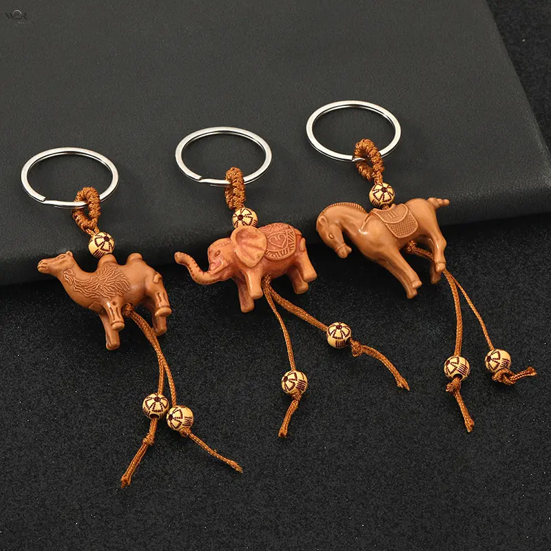 4 Styles Wood Animal Figurine Keychain 13cm Total Length 8.6g, Elephant Camel Horse Turtle Carved Pendant Key Ring, Braided Cord Beaded Bag Charm for Souvenir Daily Key Organizer Gift