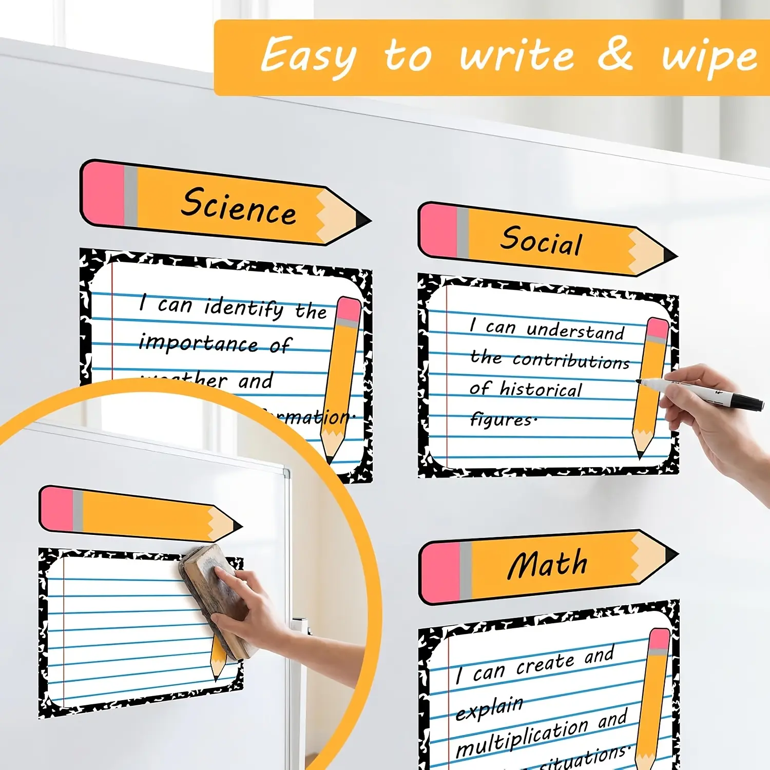 11 Pencil Themed Dry Erase Magnetic Writing Tablets, Reusable Dry Erase Organization Chart, Classroom Learning Writing Board for Classroom Goals, Suitable for Whiteboards, Teachers, and Home Teaching Essential Items for Returning To School