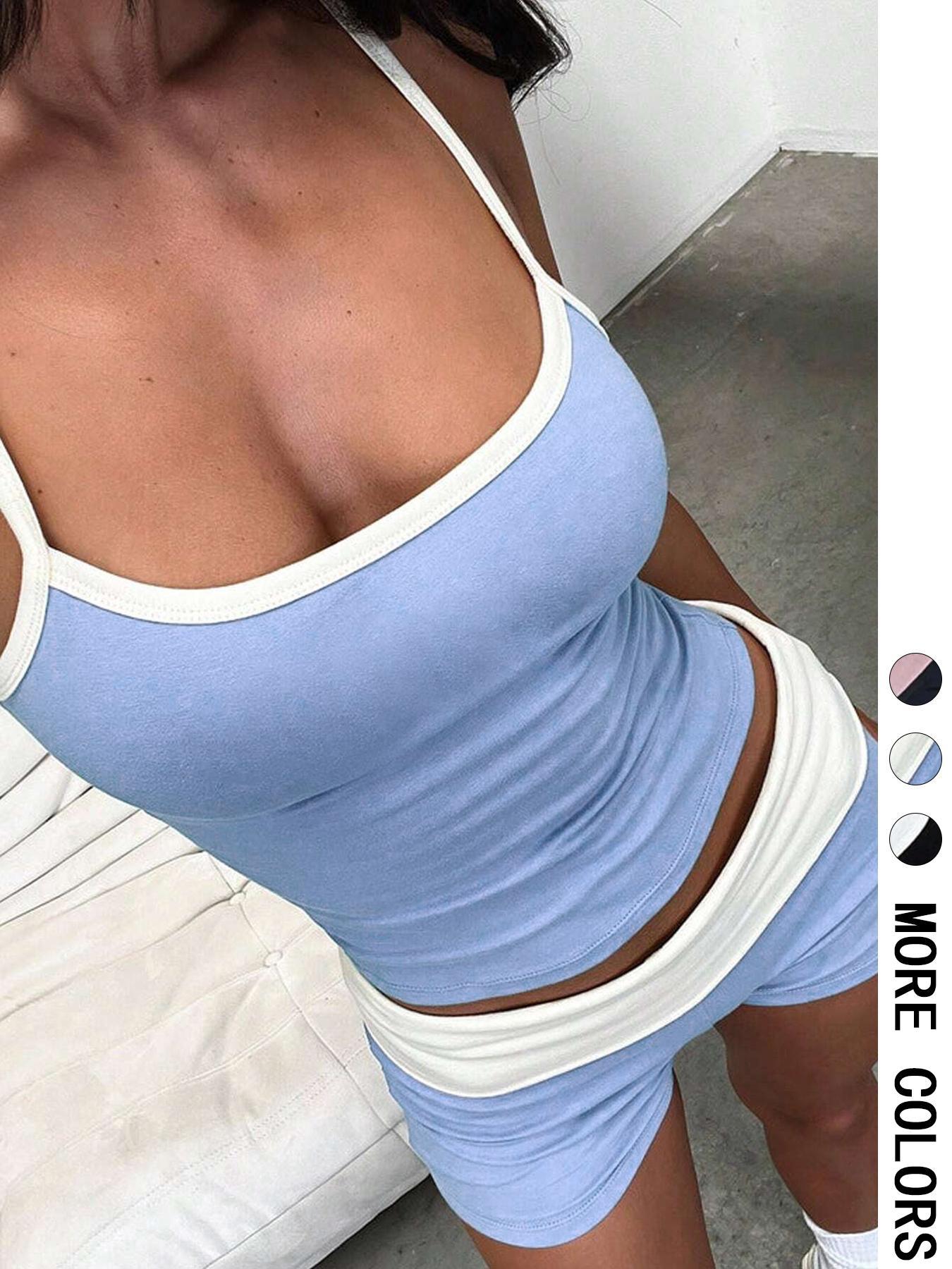 Women's Colorblock Crop Tank Top & Shorts Set, Sporty Casual Two-piece Outfits for Summer, Women's Clothing for Indoor Outdoor Wear, Sporty Style Clothes
