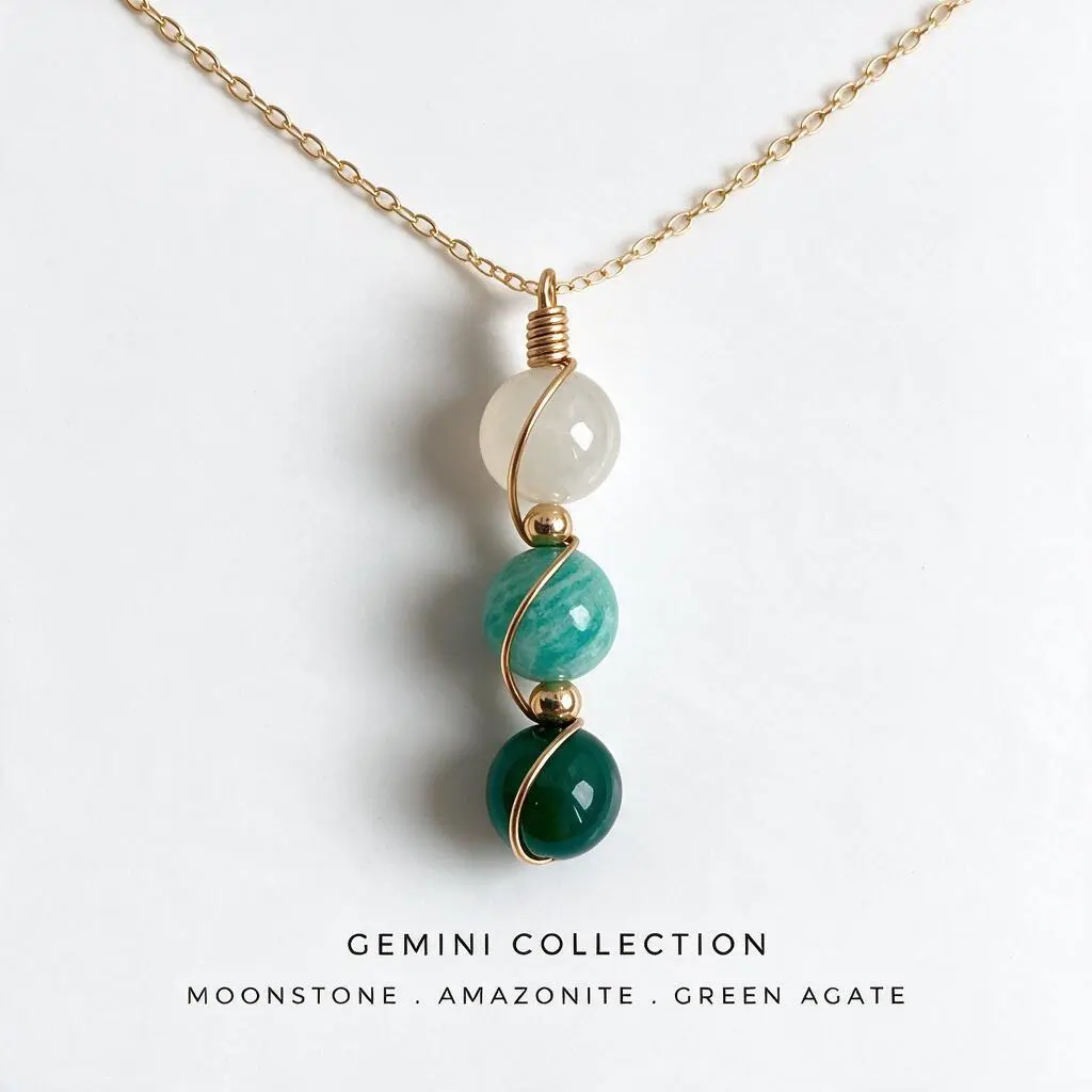 Handmade Gemini Zodiac Necklace, Natural Crystal Birthstone Pendant with 14K Gold Plated Chain, Moonstone Amazonite Green Agate Constellation Jewelry Gift for Women