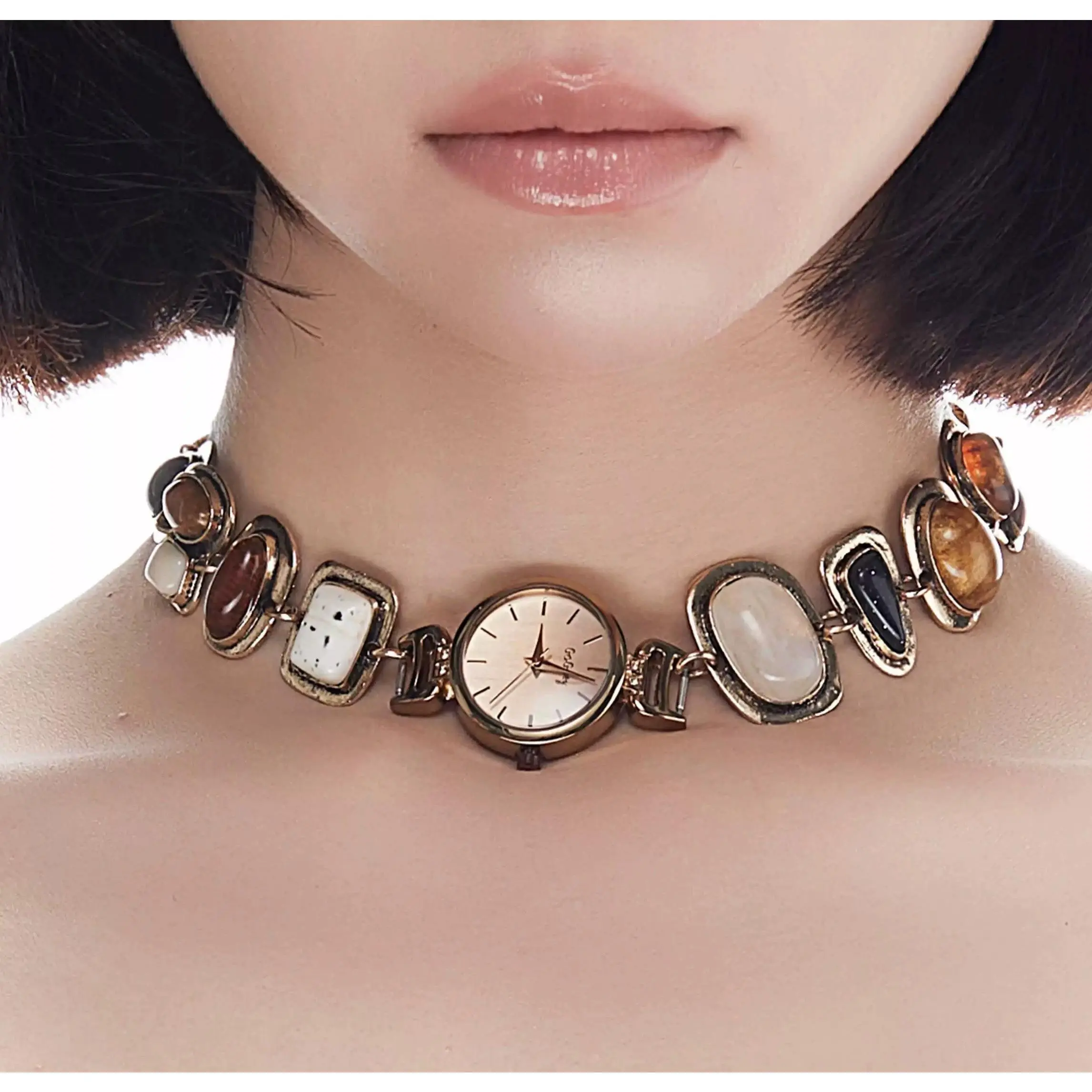 Women's Antique Bronze Indie Necklace - Natural Gemstone-Inlaid, Vintage Square Watch Dial Spliced Collarbone Chain, Irregular Agate & Onyx Metal Links, Retro Boho Punk Handcrafted Adjustable Skin-Friendly Jewelry, Indie Necklaces, Loose Tops, Adjustable,