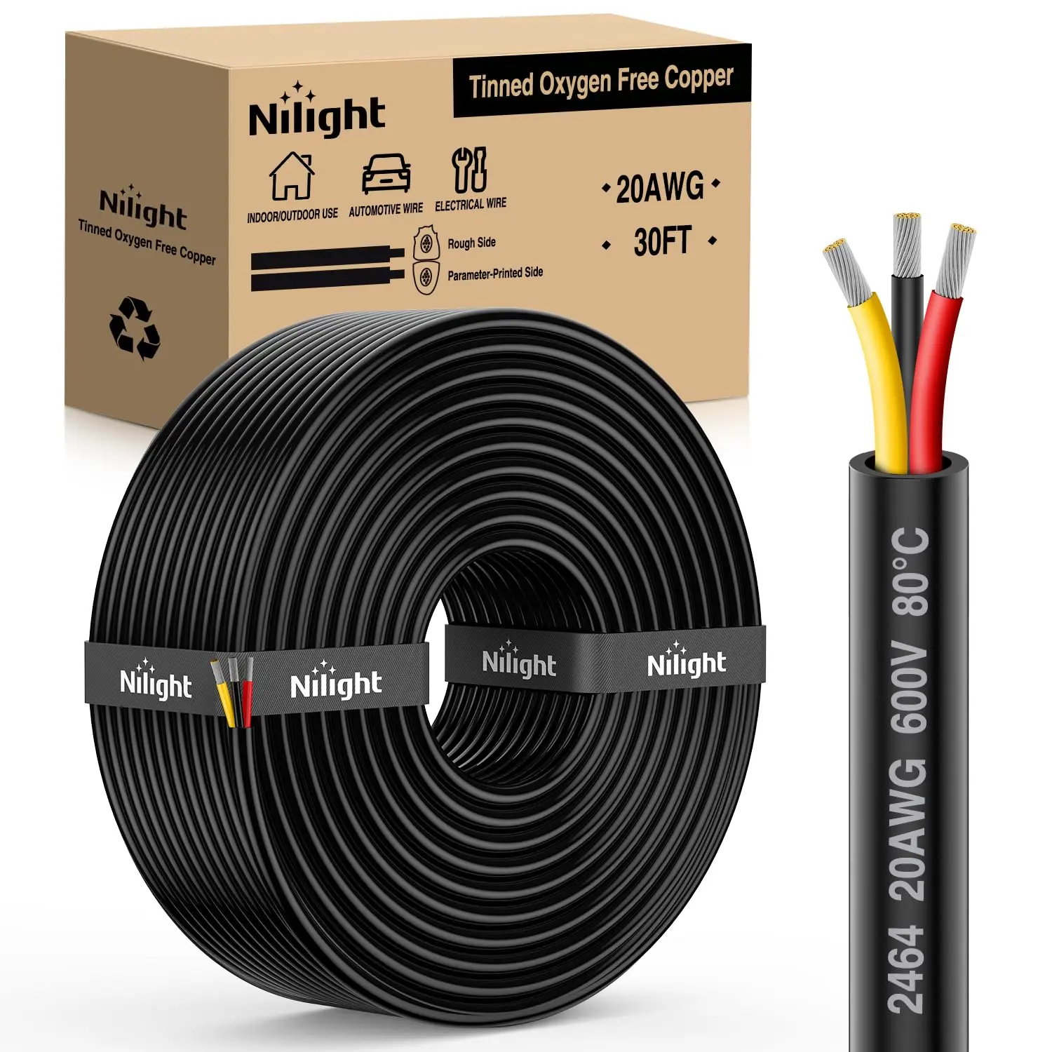 Niligft 30FT 20AWG 3 Conductor Electrical Wire Tinned Oxygen Free Copper Red Black Yellow 3 Wires Parallel 600V DC Flexible PVC Case Extension Cords for LED Strips Lamps Lighting fathersdaygift