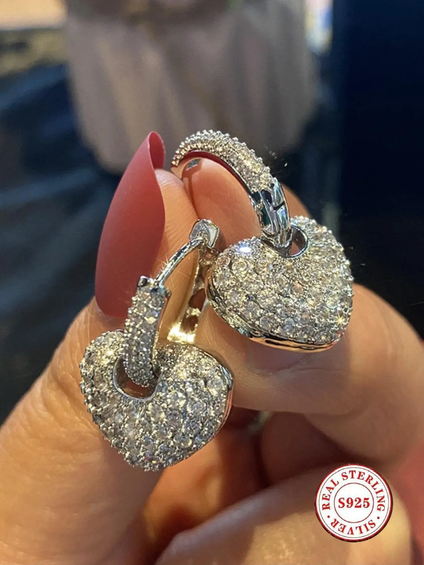S 925 Sterling Silver Heart Earrings for Women, Sparkling Hypoallergenic CZ-Paved Statement Huggie Earrings, Shining Earrings, Valentine Gift
