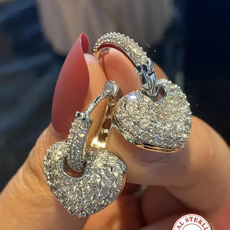 S 925 Sterling Silver Heart Earrings for Women, Sparkling Hypoallergenic CZ-Paved Statement Huggie Earrings, Shining Earrings, Valentine Gift