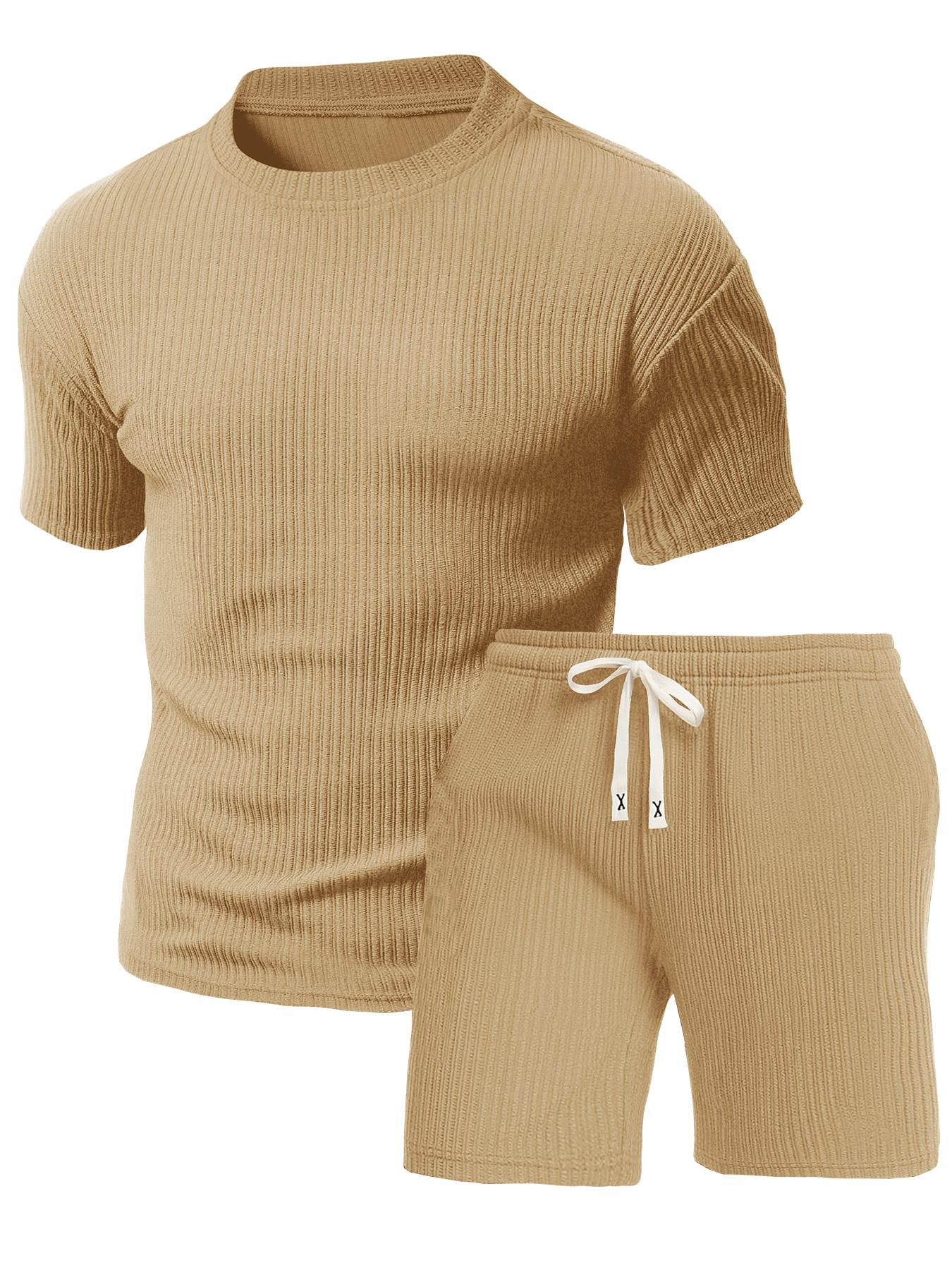 Rib-Knit Texture Co-Ord Set Mens Premium Breathable 2 Piece Outfit with Vertical Rib Weave Detail and Drawstring Elastic Waist Shorts for Casual Daily Wear and Lounge Sessions