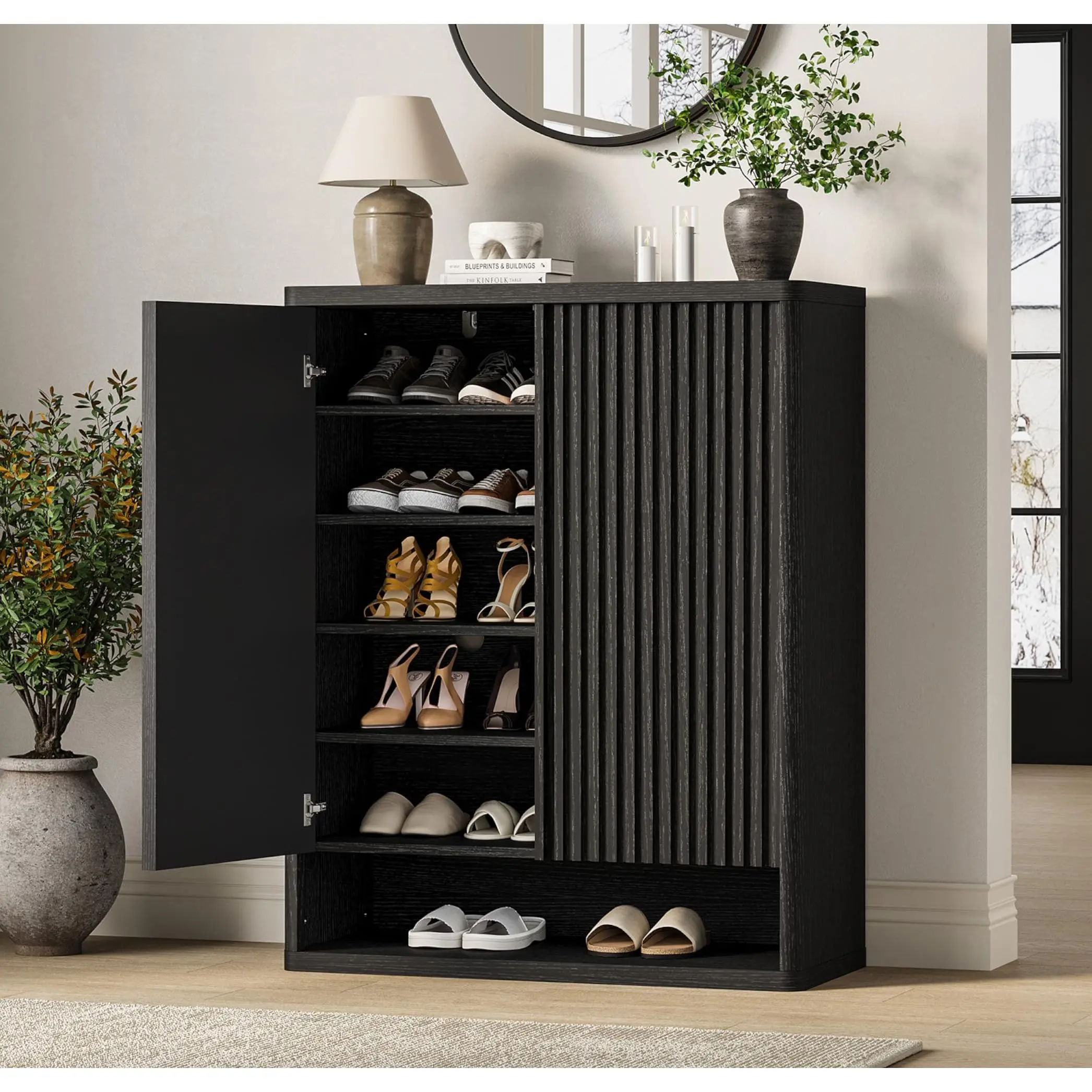 Modern Narrow Shoe Cabinet for Entryway – 31.5" Wooden Storage with Adjustable Shelves, Fluted Door, Space-Saving Organizer Holds 25-30 Pairs – Contemporary Hallway Furniture