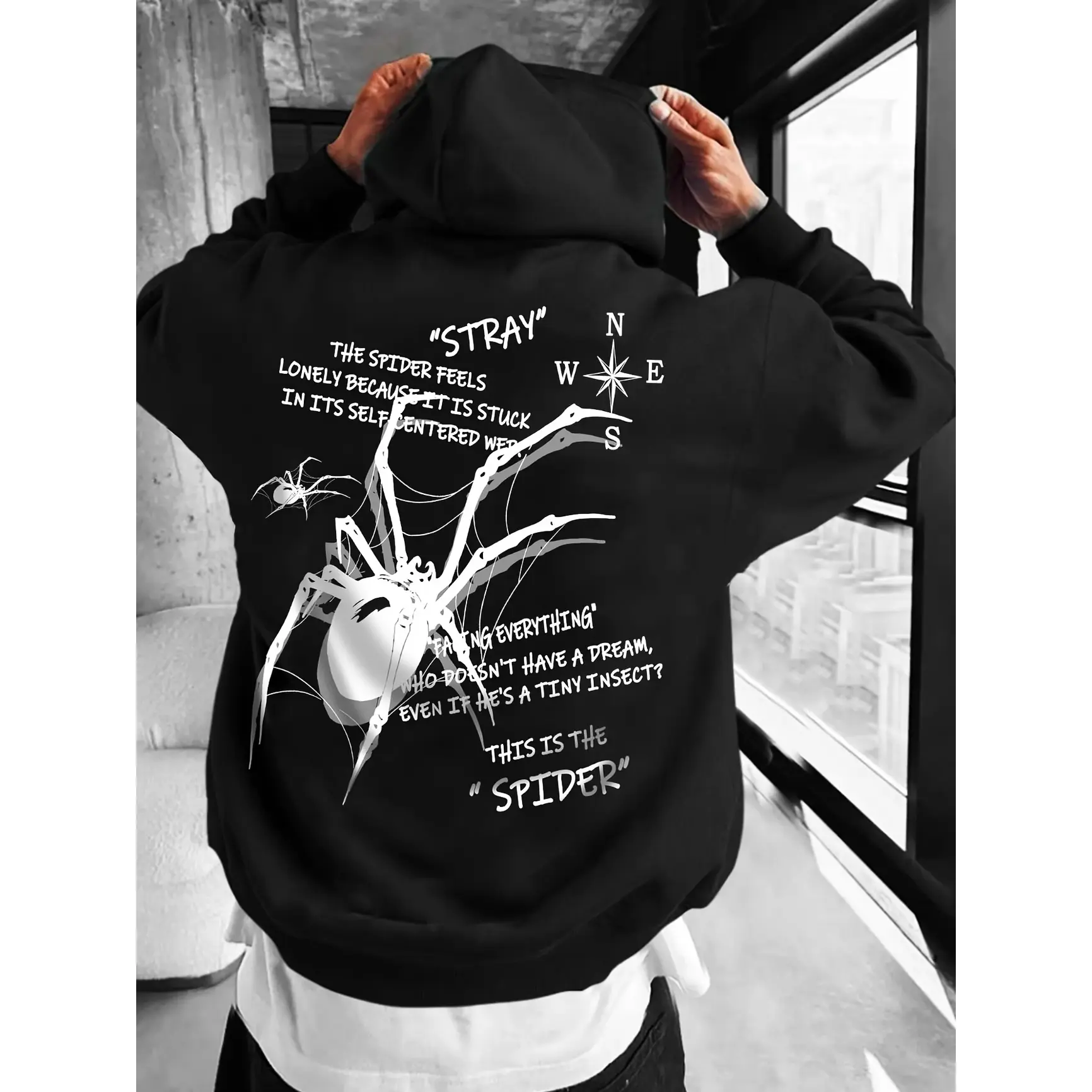 Stray Spider Poem Text Graphic Oversized Cotton Hoodie,Artistic Gothic Insect Printed Craft Hoodie,Comfort Long Sleeve Fashion Outfit For Men Women,Nice Valentine’s Day Gift For Him Her,Wonderful Holiday Present For Family Friends