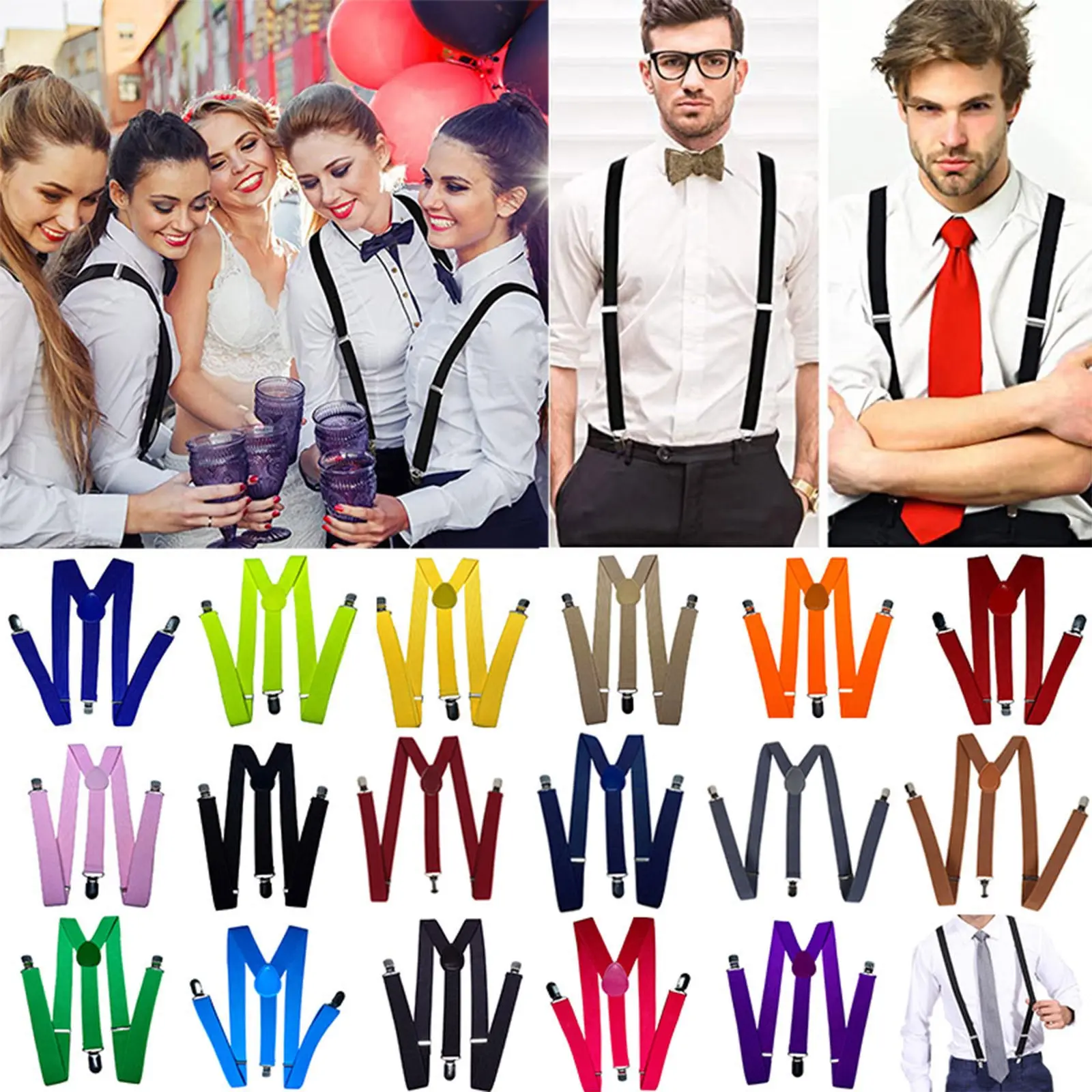 Fashion Adjustable Straps + Tie Set for Adults, Unisex Wedding Photography Performance Accessories, Comfortable Strap Clips