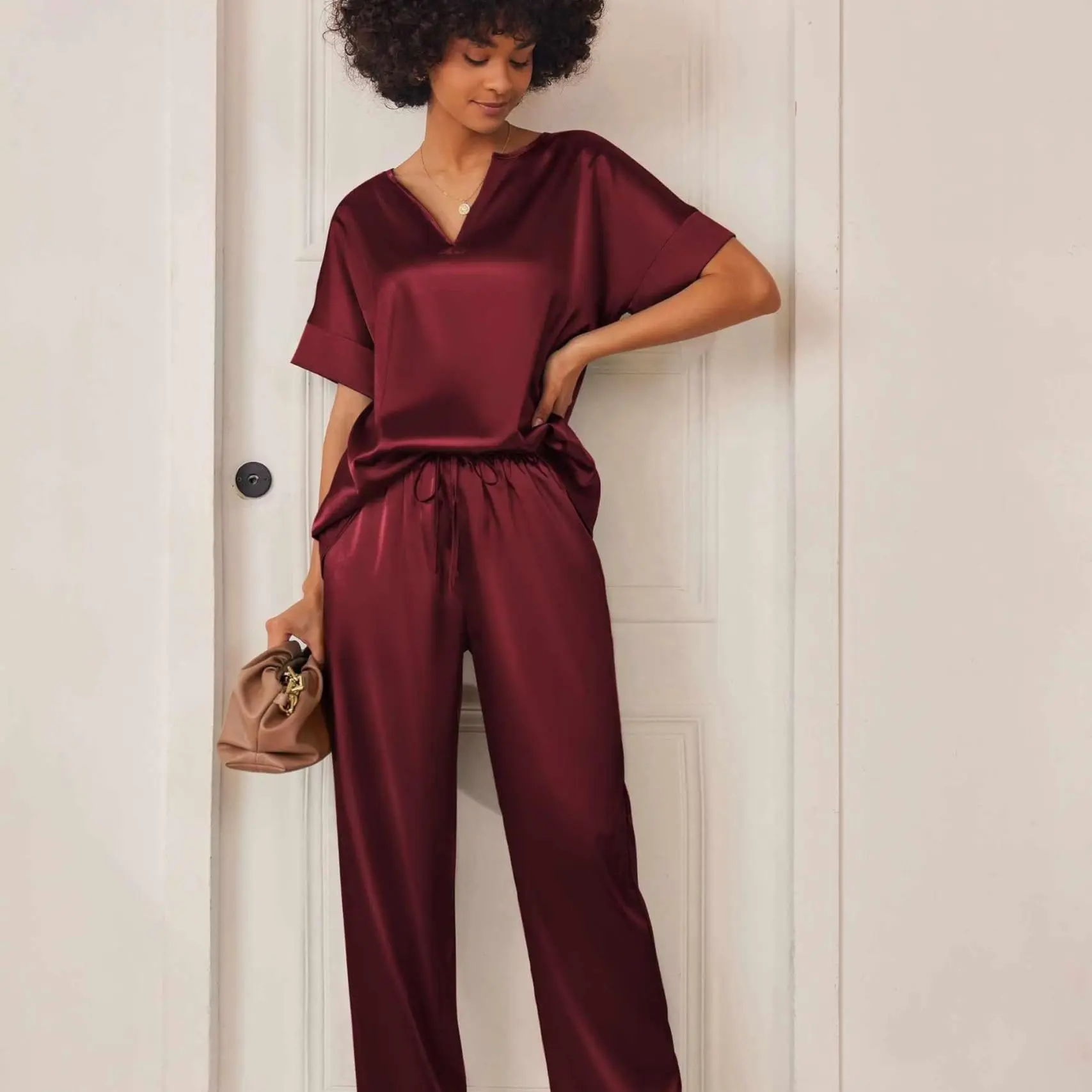 Satin Pajama Set Womens Silk Short Sleeve V Neck Shirt with Long Pant Soft Loungewear Pjs Set