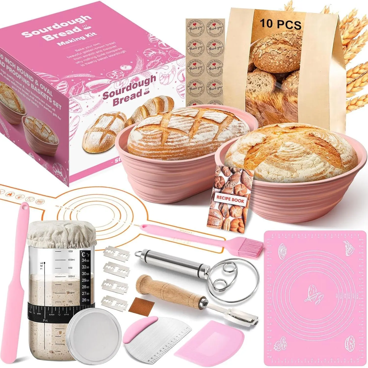 15 Pcs Sourdough Starter Kit for Beginners - Complete Bread Baking Supplies with 24 oz Glass Starter Jar, Silicone Banneton Proofing Basket & Baking Accessories