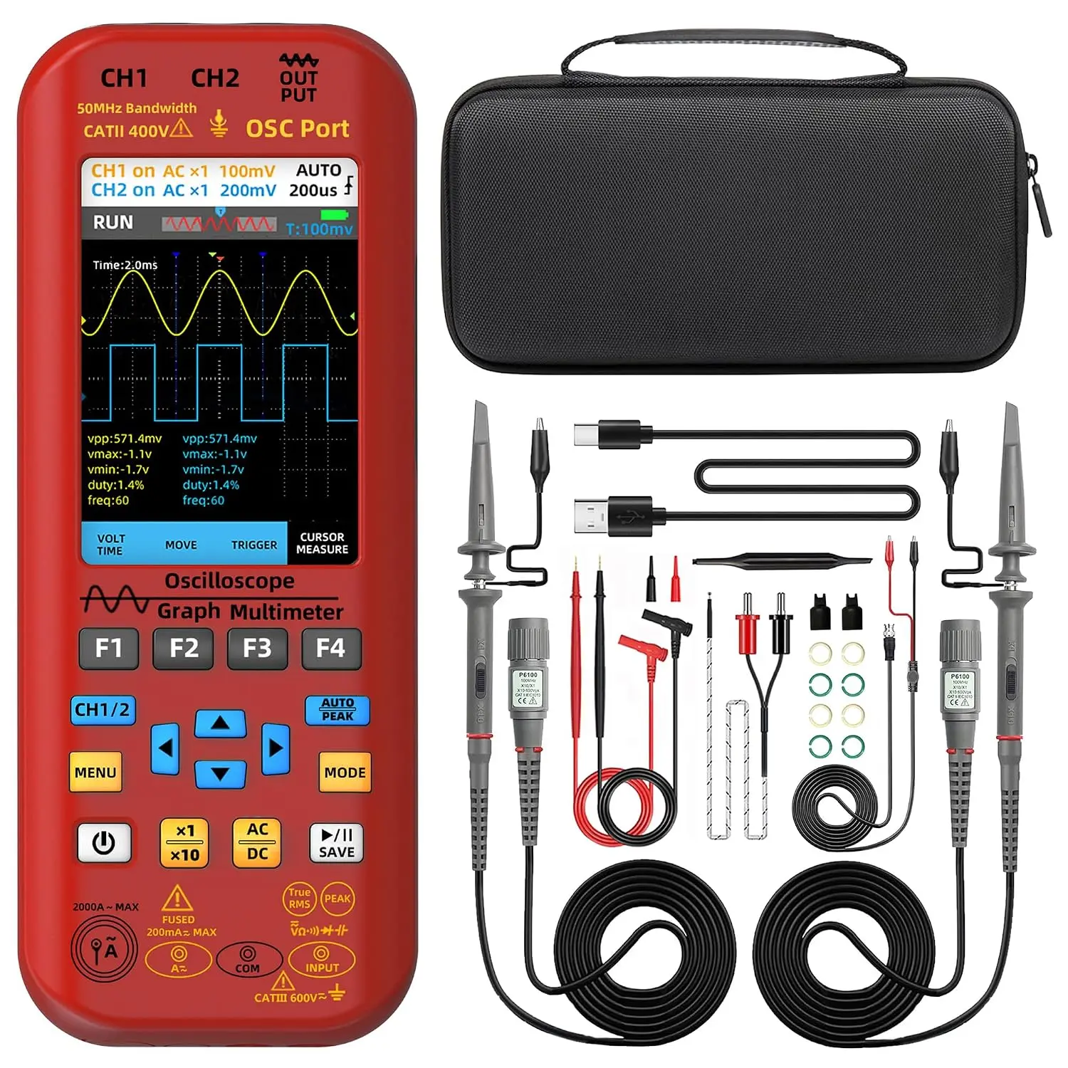 Handheld Oscilloscope Multimeter, 2 Channels 50MHz Bandwidth with 3.98" TFT LCD, 20000 Counts Rechargeable DDS Generator, Measure Flexible AC Clamp, Temp Amp Cap Diode  for Automotive DIY