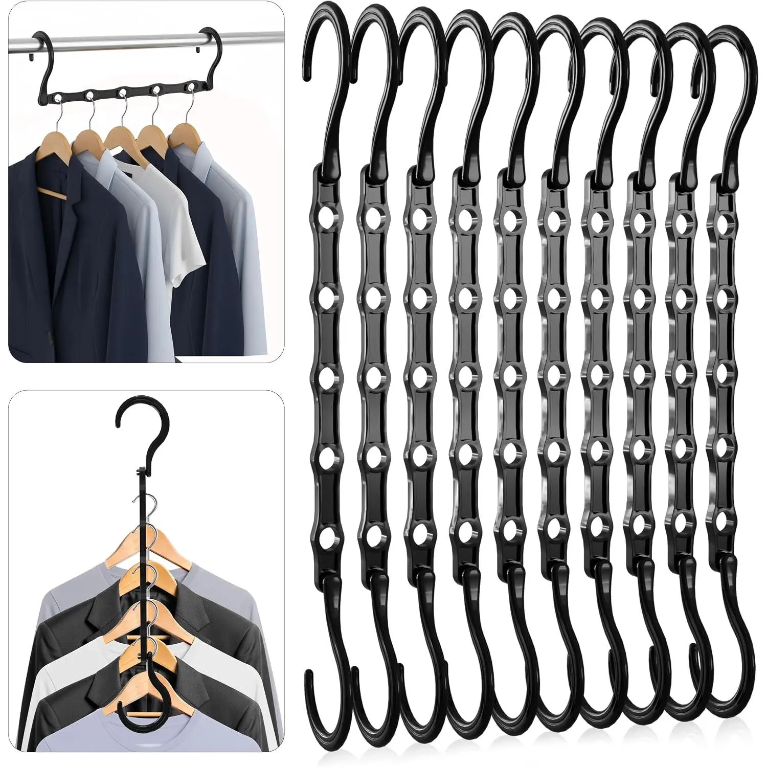 Space Saving Hangers 10 Pack – Magic Hanger Collapsible Black | ABS plastic | Closet organizer | Storage saving hanger I Dorm & small space friendly | Compact storage