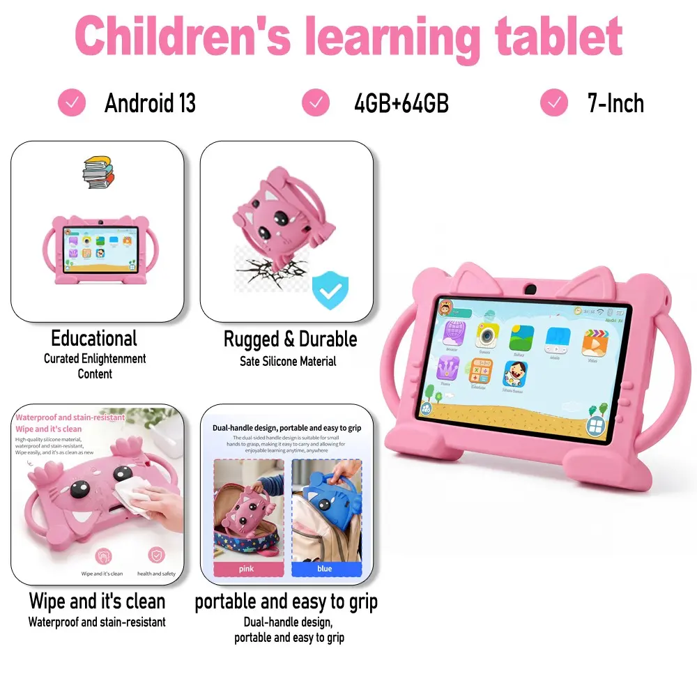 New portable seven inch children's tablet, Wifi touchscreen tablet, supports WIFI and Bluetooth functions, 4GB RAM, 64GB ROM, Android 13 shock resistant silicone protective case, parents control pre-installed educational software