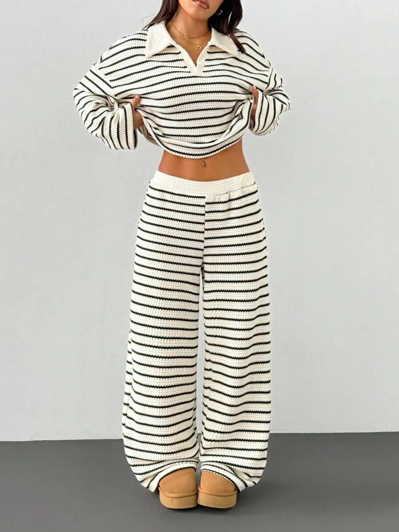 Women's Relaxed Oversized Waffle Knit Two-Piece Set, Striped Print, Polo Neck Long Sleeve Top, Elastic Waist Wide Leg Pants, Casual Home & City Wear, Clothes