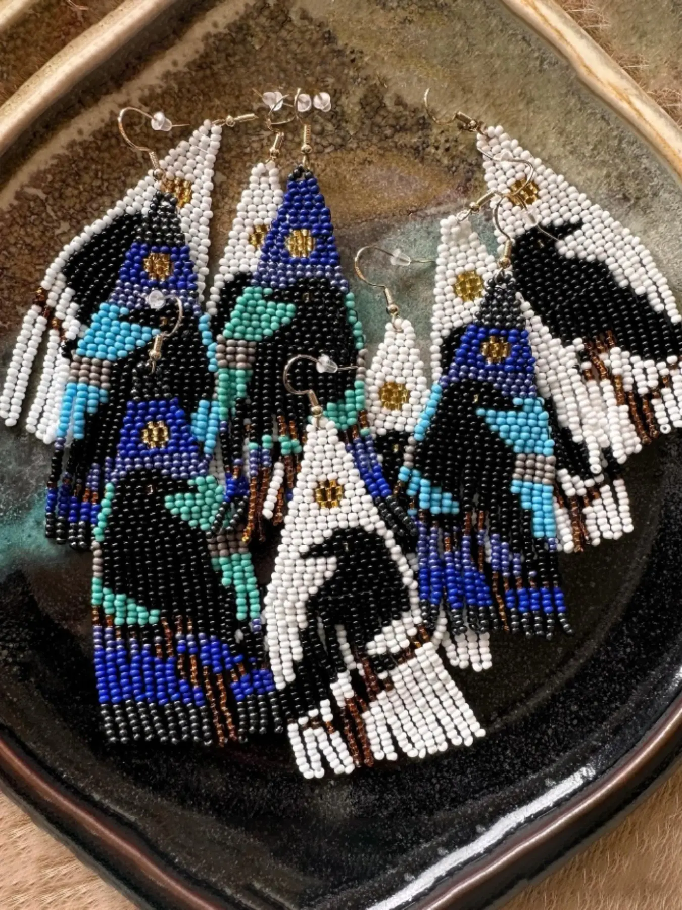 Handmade Seed Bead Crow Bird Earrings, Vintage Long Tassel Dangle, Boho Bohemian Fashion, Perfect for Parties and Holidays