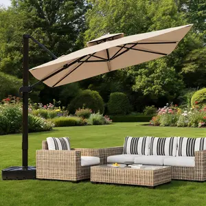 10x10 FT Square Cantilever Patio Umbrella, 360° Rotating Adjustable Offset Parasol, Heavy Duty Aluminum Frame Outdoor Sun Shade for Garden Poolside Backyard, Burgundy Red, Base Not Included