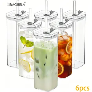 Kemorela 6-Piece Set of 18 Oz Glass Tumblers, Clear Drinking Glasses with Leak-Proof Lids, Reusable Straws, Dishwasher Safe