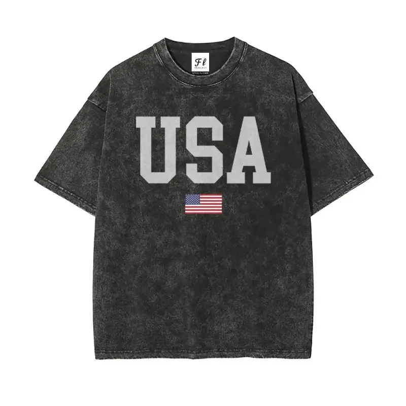 Retro Vintage American Flag Washed T-Shirt - Unisex Loose Oversized Round Neck Short Sleeve Cotton Casual Streetwear for 4th of July Menswear Top with Prints