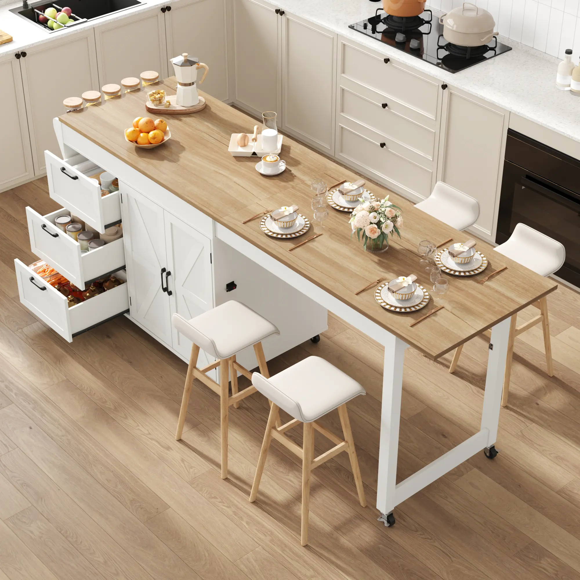 47”- 90” Flip-Top Kitchen Island with Extendable Dining Table, Mobile Rolling Storage Kitchen Cart with 3 Drawers & Spice Rack, Multi-Functional Bar Island Table Seats 2-4, White/Black
