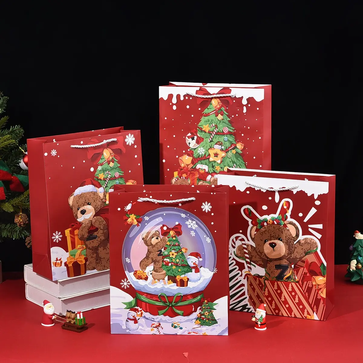 4Pcs Red Christmas Tote Gift Bags, Heavy Duty Holiday Kraft Paper Bags with Rope Handles, Cute Bear Tree Snowman Present Wrap Bags for Kids Friends, Party Bags