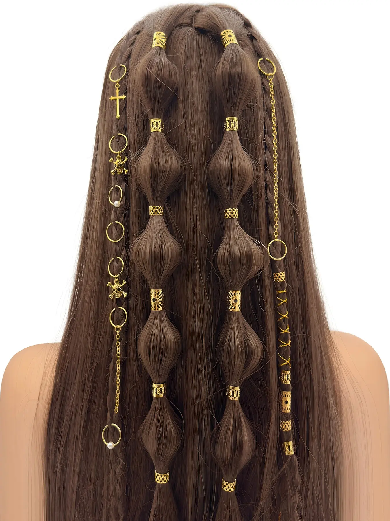 136pcs Cross & Skull Decor Hair Rings, Dreadlocks Beads Clips, Hair Accessories for Braids, Loc Hair Jewelry for Halloween Party