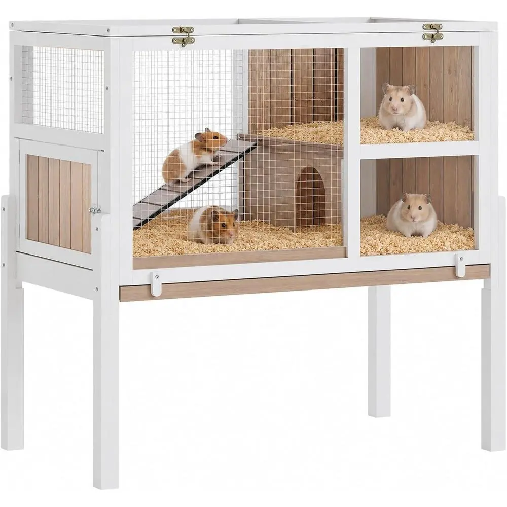 Gaomon Wooden Guinea Pig Cage Indoor with Stand, 38" 2-Story Rabbit Hutch w/Ramp & Hideout, Clear Vision, Leak-Proof Pull-Out Tray, Lockable Door, Bunny Hamster Habitat Grey