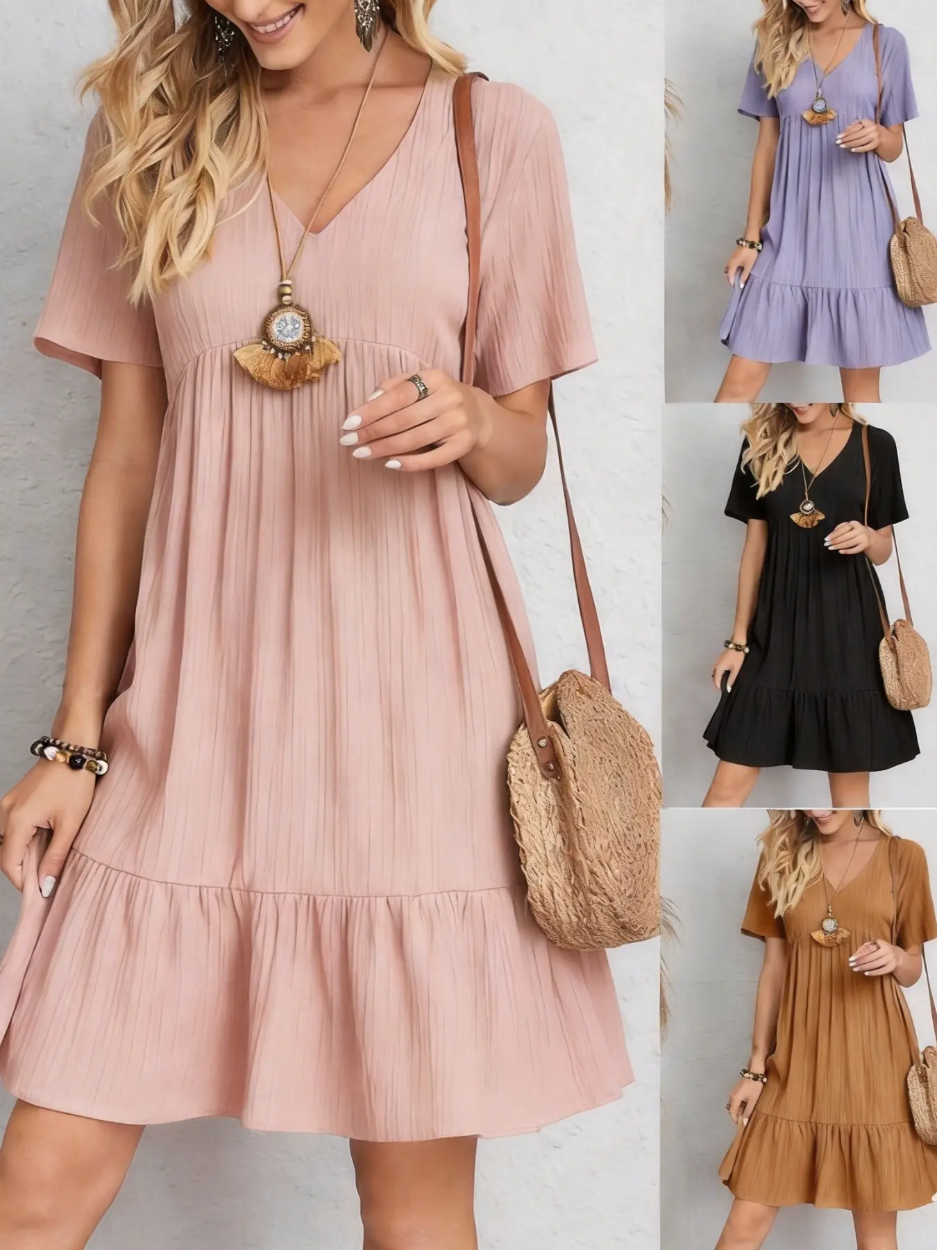 Women's Casual Short Dress, V Neck Short Sleeve Loose Ruffled a Line Dress, Daily Beach Vacation, Comfortable Summer Skirt