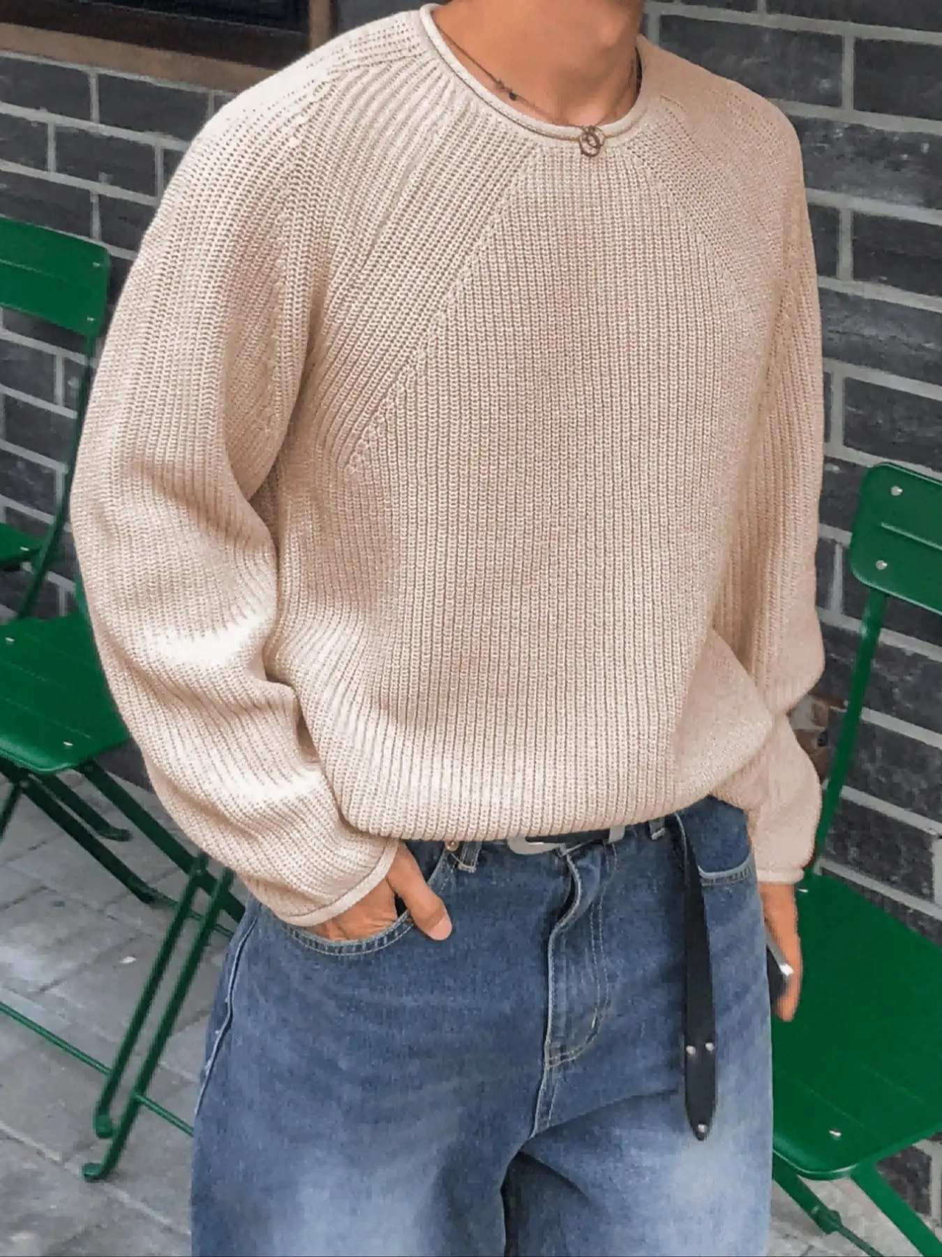 Men's Loose-Fit Casual Korean-Style Long Sleeve Sweater, Plain Ribbed Knit Pullover for Fall & Winter, Versatile Daily Wear