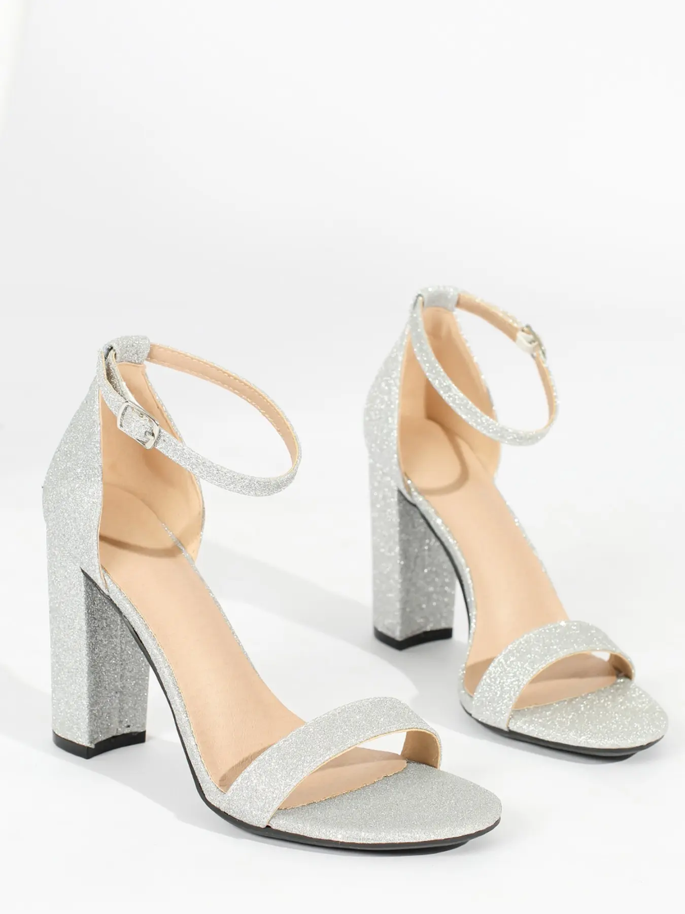 Women's Silver Color Glitter Chunky Heel Sandals, Open Toe Ankle Strap High Heels, Party Wedding Bridesmaid Dress Shoes