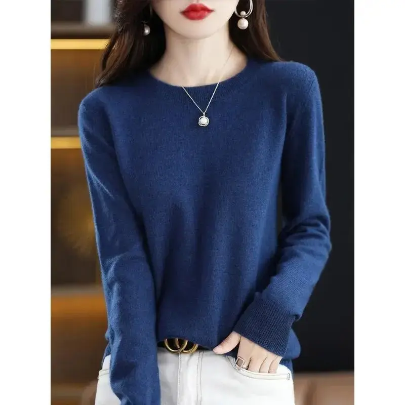 Fashion 100% merino wool sweater elegant cashmere pullover women o-neck long sleeve knitwear basic clothing jumper tops