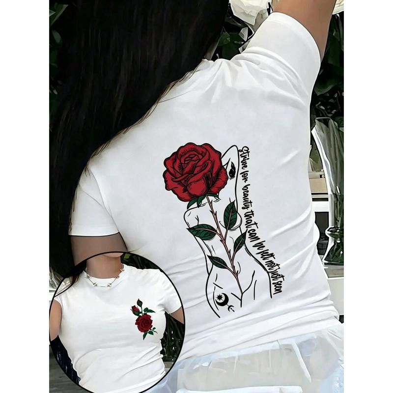 Women's Rose & Letter Print Short Sleeve Casual T-Shirt Graphic Tees Women Tops