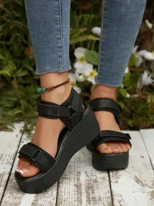 Women's Velcro Double Strap Thick Sole Wedge Sandals, Open Toe Waterproof Platform Heel, Outdoor Casual Sporty Shoes, Adjustable Strap Platform, Versatile Outerwear