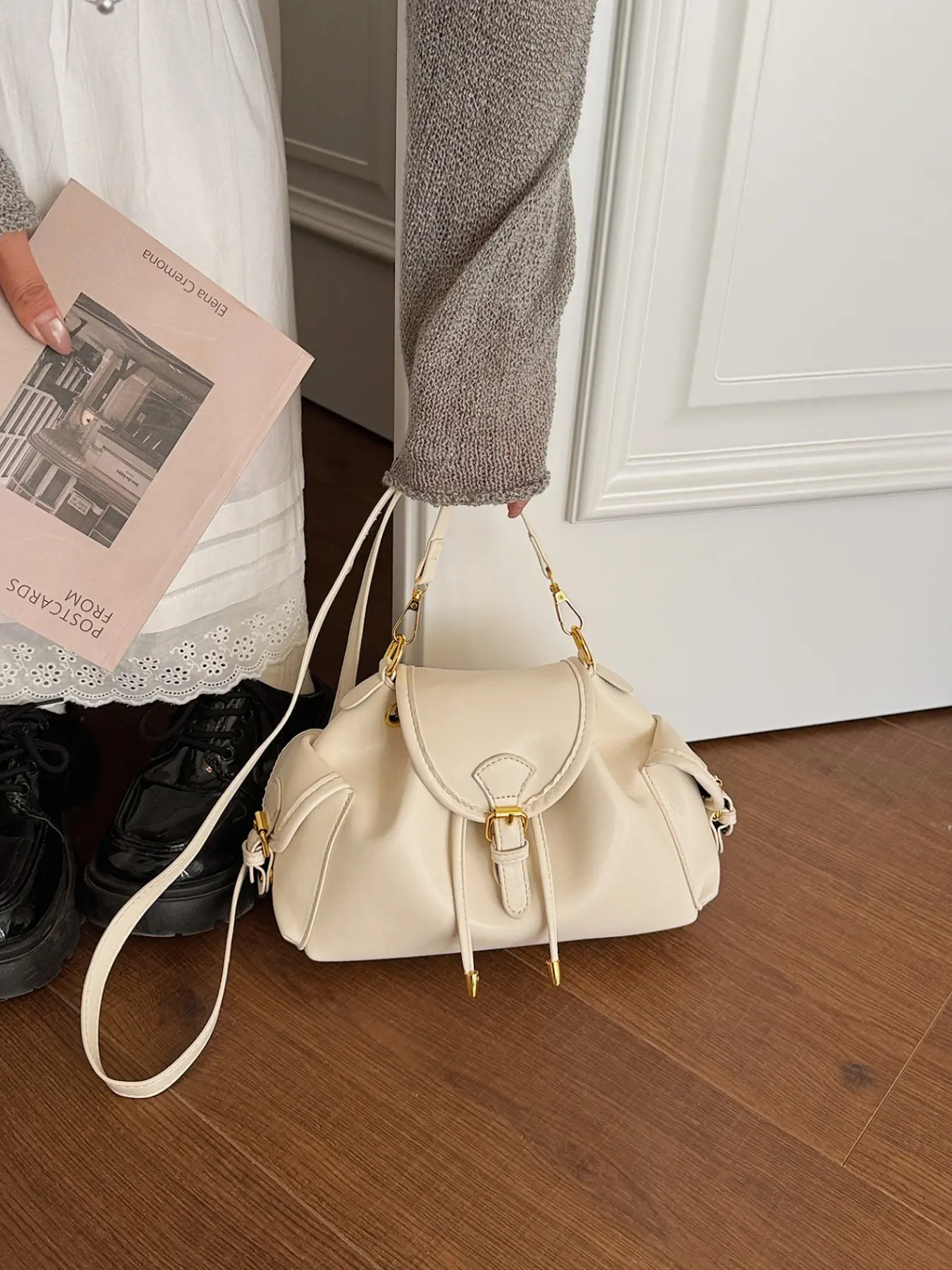 Soft Leather Drawstring Saddle Bag, Flip Cover Buckle Crossbody Bag, Adjustable Long Strap Large Capacity Commuter Shoulder Bag, Vintage Style, Adjustable Strap Purse, Crossbody Shoulder Handbag, Crossbody Purse Handbags