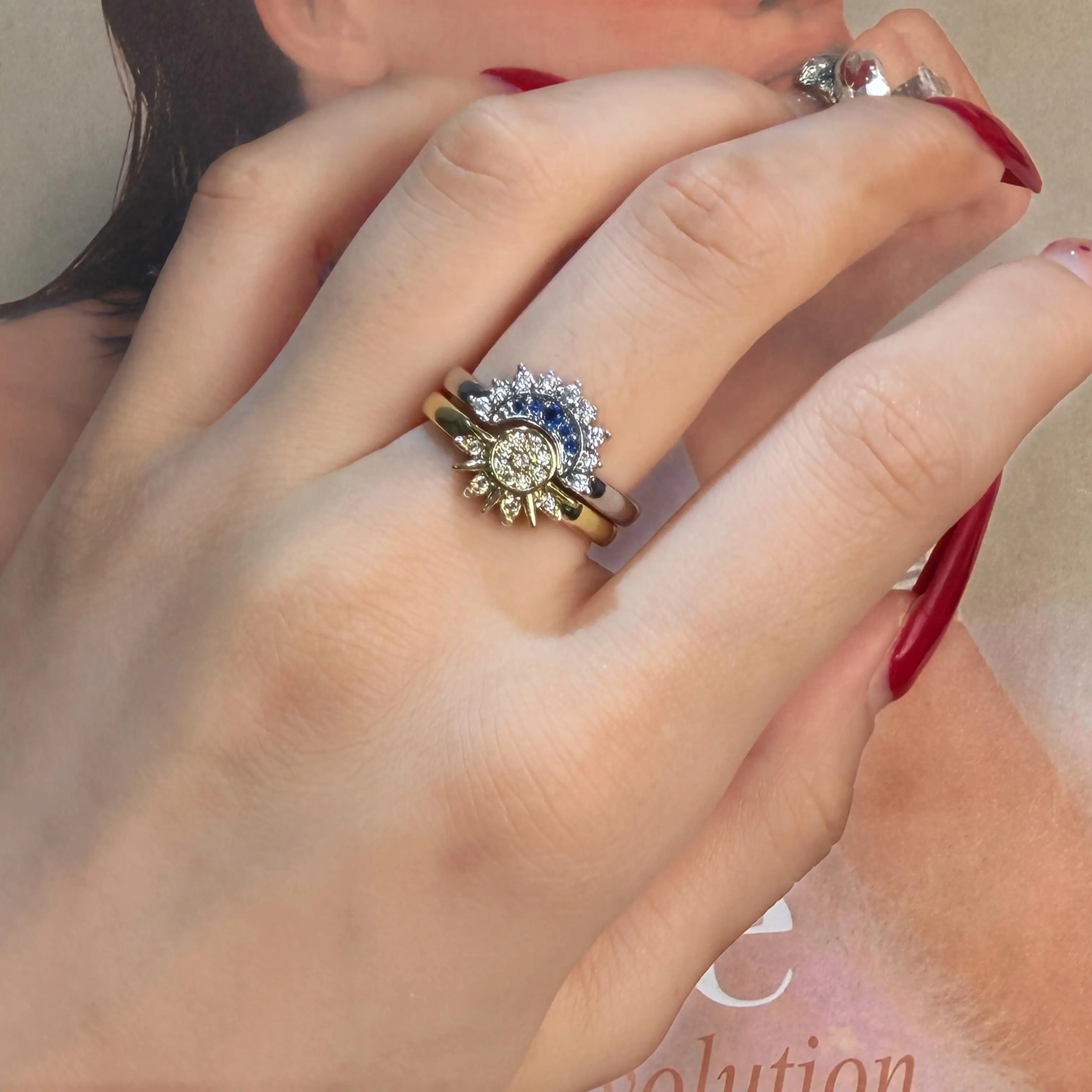 Sun & Moon Harmony Magnetic Split 2-Tone Adjustable Open Matching Ring, Stackable Dainty Jewelry Gift For Couples, Matches Same-Style Necklace & Bracelet