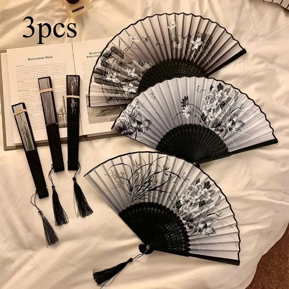 3pcsMini Chinese Style Foldable Hand Fan Portable Black Folding Fan for Women, Ancient Hanfu Mamianqun Accessory, Traditional Dance Photoshoot Prop